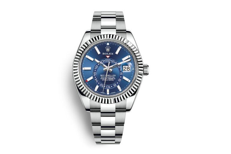 The blue dials copy Rolex Sky-Dweller 326934 watches have dual time zone.