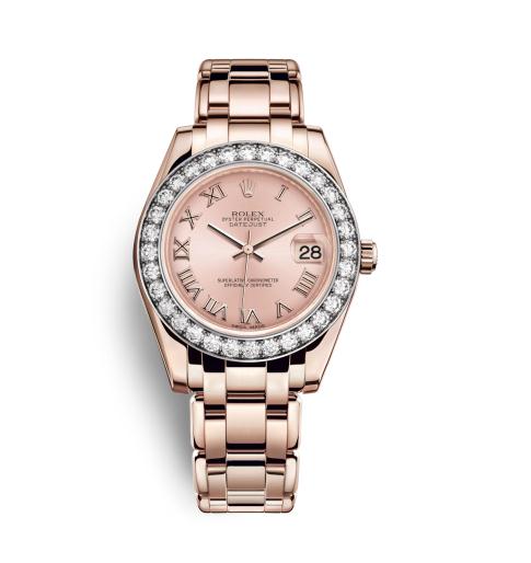The luxury copy Rolex Pearlmaster 34 81285 watches are made from everose gold and decorated with diamonds.